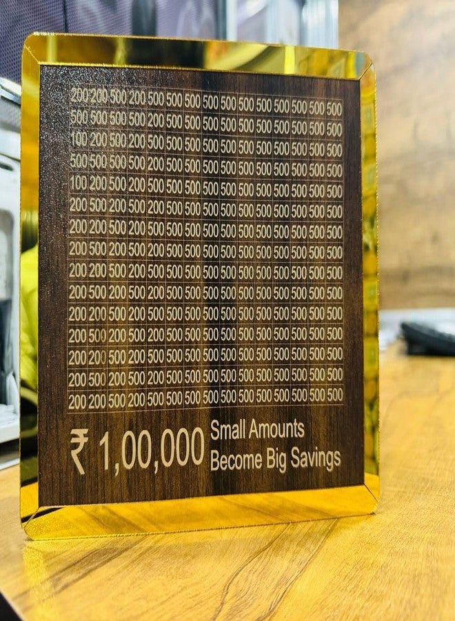 Tulflex Wooden Money Piggy Bank, Money Saving Box, Gullak with Savings Chart, 100000 Rupees Goal Tracker, Cash Collection Bank for Kids and Adults (1 PSc) (Woden+Golden) - Image 2